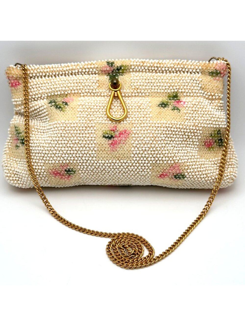1950s Lumured Beaded Floral Handbag With Gold Chain Strap Made In USA Vintage